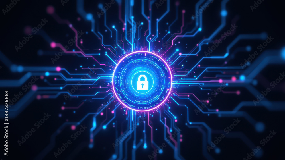 Aufkleber an abstract cyber-themed image featuring a central lock symbol within a network of glowing lines rep