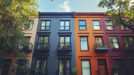Obraz premium Colorful urban row houses with balconies and trees