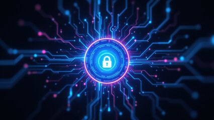 Obraz premium An abstract cyber-themed image featuring a central lock symbol within a network of glowing lines representing digital connectivity and cybersecurity.