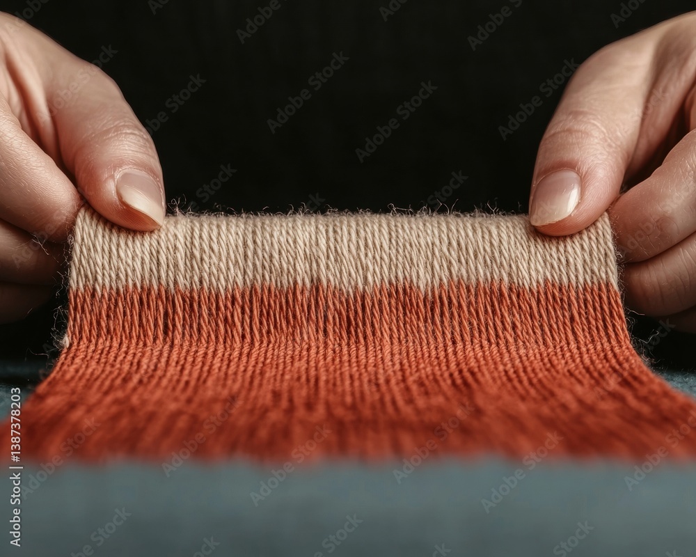 Poster a close-up of hands holding a piece of fabric showcasing a gradient color pattern, emphasizing textu