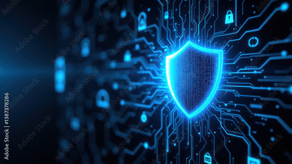 Poster a digital shield superimposed on a network of glowing blue circuit lines against a dark background, 