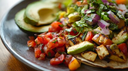 A plate of roasted vegetable tacos with avocado and salsa. Featuring health and flavor