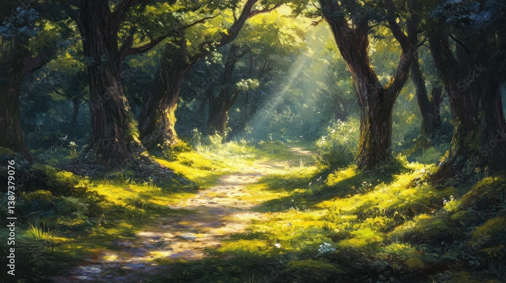 Poster Sunlit path through a lush green forest with large trees and mossy ground.