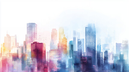 vibrant city skyline in watercolor style, showcasing tall buildings in shades of blue, pink, and orange, creating dreamy atmosphere