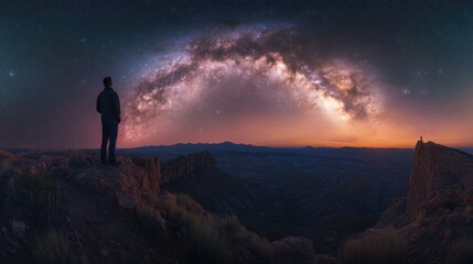 Man Gazing at Milky Way Over Mountain Landscape at Sunrise.