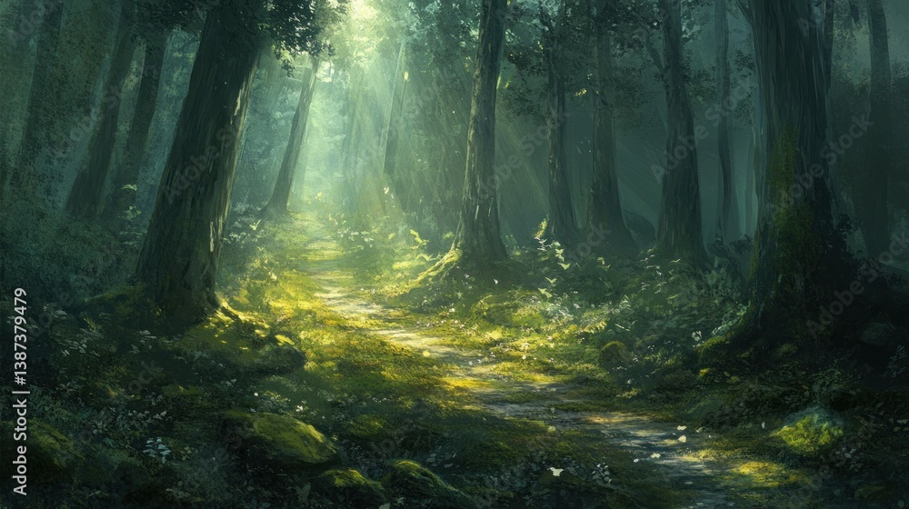 Poster Sunlit path through a mystical forest with lush greenery and mossy rocks.