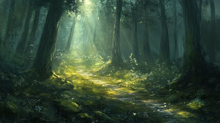 Fototapeta premium Sunlit path through a mystical forest with lush greenery and mossy rocks.