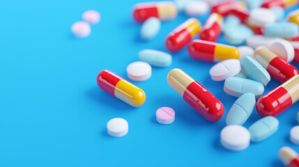 Colorful capsules and tablets scattered blue background, showcasing various shapes and sizes of medication. vibrant colors create engaging visual