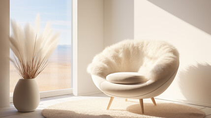 Fond d'un mur blanc en intérieur. Fauteuil moderne, design.  Ambiance claire et épurée. Arrière-plan pour conception et création graphique.