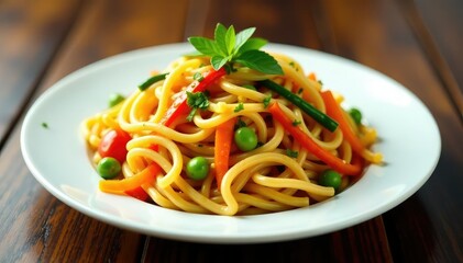 Stir-fried noodles with vegetables on white plate, chopsticks, white background, fresh