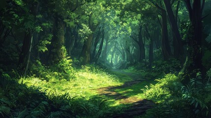 Fototapeta premium Sunlit path through lush, green forest.