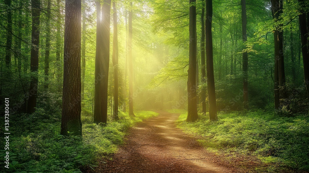Aufkleber Sunlit path through lush green forest with tall trees and soft mist.