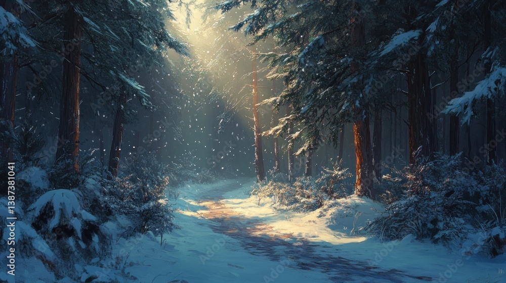 Poster sunlit path through snowy, pine forest.