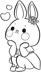 A Charming Line Art Illustration of a Cute Rabbit Wearing a Dress and Shoes, Surrounded by Heart Bubbles