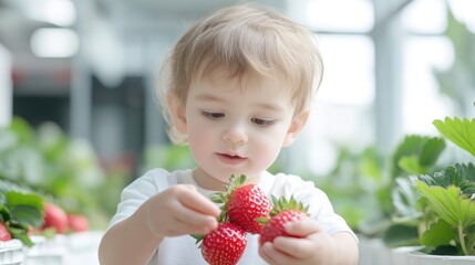 Toddler exploring strawberries in greenhouse