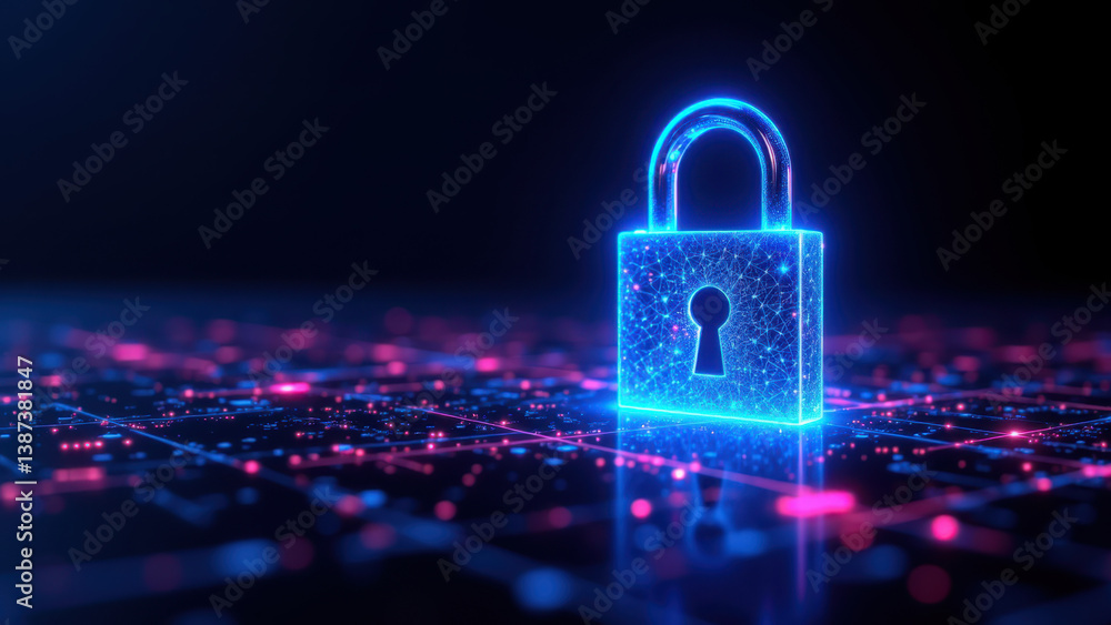Poster cybersecurity lock icon with glowing grid on surface.