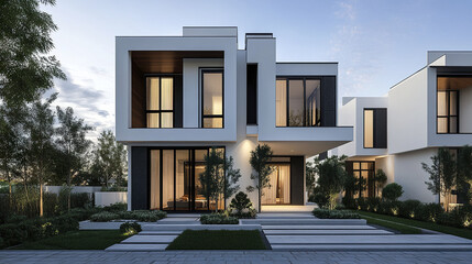 Fototapeta premium Modern townhouses with smooth white facades and large windows