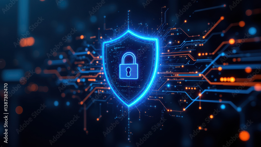 Poster a dynamic blue lock icon with a glowing circuit board background representing internet security.