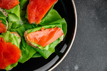 Salmon sandwich red fish seafood appetizer dish fresh tasty gourmet food background on table rustic food top view copy space 