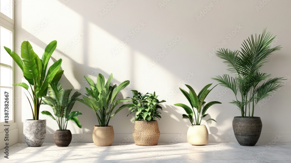 Poster sunlit room with various potted plants of different sizes and types arranged along a white wall.