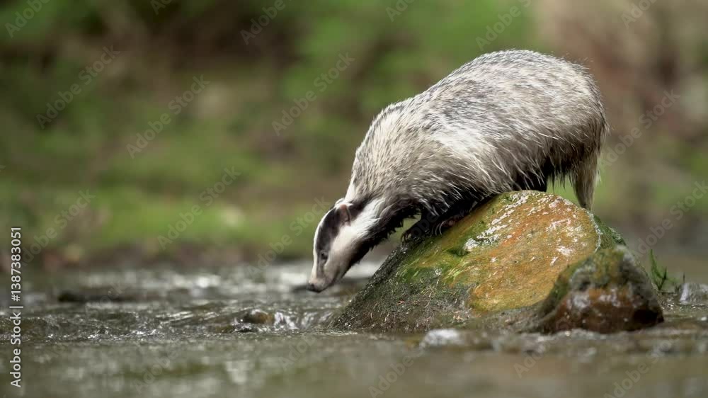 Poster badger walking on the rock near water stream in calm forest.