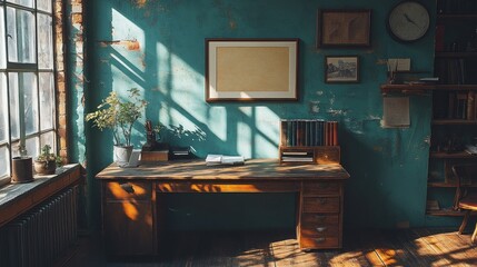 Sunlit rustic wooden desk in vintage teal room with window, plants, books, and wall art.