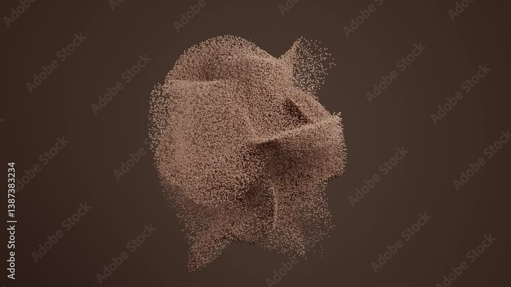 Poster abstract 3d particle formation morphing shape in dynamic motion within dark brown environment. minim