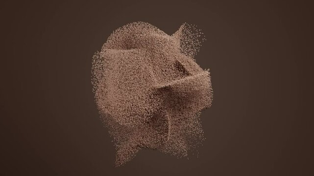 Abstract 3D particle formation morphing shape in dynamic motion within dark brown environment. Minimal monochromatic look perfect for artistic visual content and tech-focused backgrounds