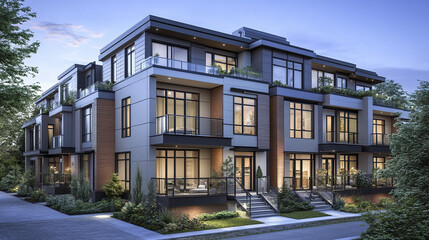 Naklejka premium Modern three story row houses with rooftop gardens at dusk