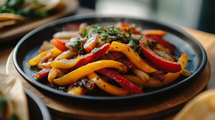 A plate of vibrant veggie fajitas with bell peppers and onions. Featuring flavor and freshness