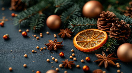 Christmas Decorations with Pine Cones, Dried Orange, and Spices &ndash; Holiday Table Setting