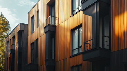 Obraz premium Modern townhouses with vertical wood paneling and large windows