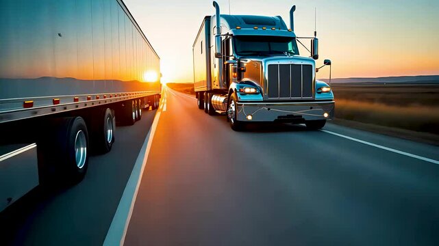 Semi-truck driving on open highway at sunset with trailer under colorful sky view