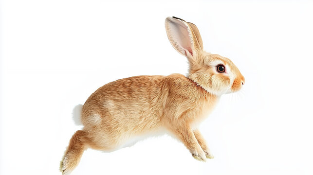 cute brown rabbit with long ears is hopping gracefully against white background, showcasing its soft fur and alert expression