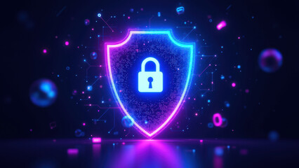 Cybersecurity logo with a glowing digital shield emblem set against a vibrant purple cybernetic backdrop.