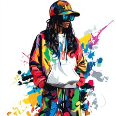 Woman in colorful outfit with cap and sunglasses against a