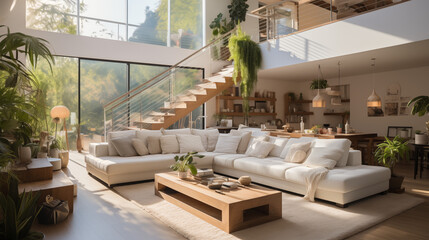 Plan sur un salon moderne, avec mezzanine et décorations. Élégant, luxe. Lumières douces et plantes. Pour conception et création graphique.