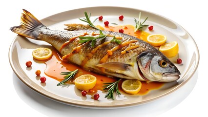 fried fish with lemon and herbs with  white background 