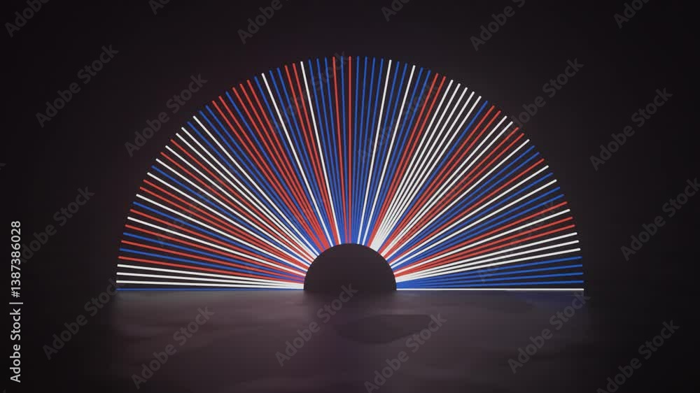 Poster abstract 3d glowing neon lines in circular structure with red, blue, and white lights in dark ambien