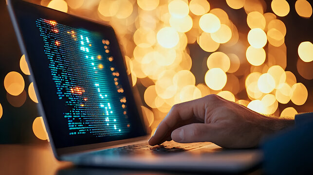 person using laptop with glowing screen displaying code, surrounded by soft bokeh lights, creating modern and tech savvy atmosphere