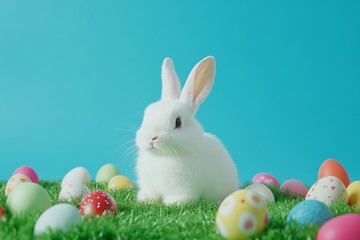 Fototapeta premium White easter bunny is sitting on green grass with colorful easter eggs and a blue background