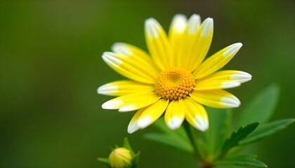 Obraz premium Close-up shot of a yellow daisy with white-tipped petals, surrounded by green leaves with finely divided segments, and a small bud, all resting on a thin, brown branch