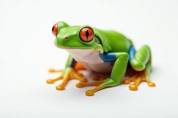 Obraz premium Green tree frog perched on white, vibrant skin, frog, leaping, stock photo