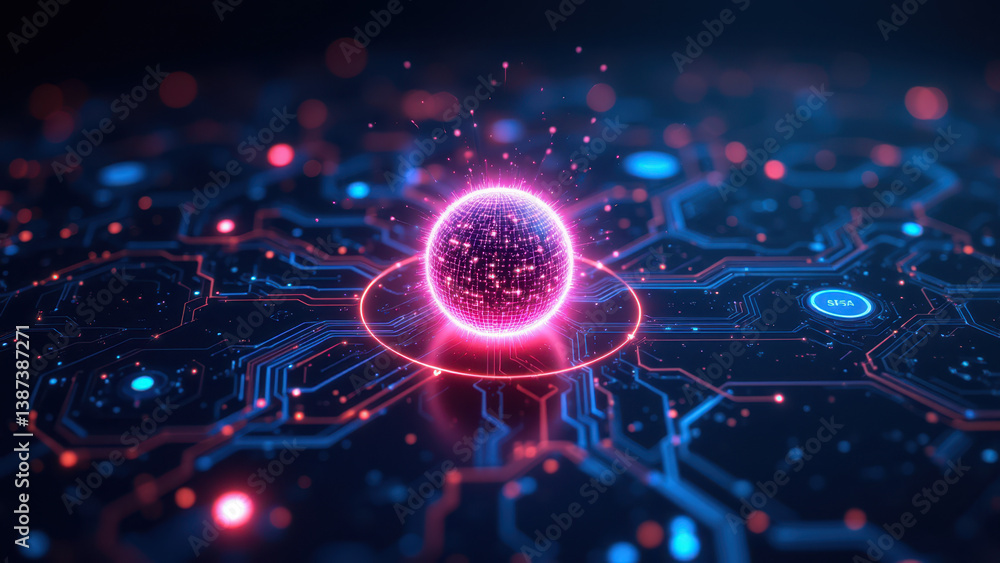 Aufkleber cybersecurity concept with a data sphere on a digital circuit board.