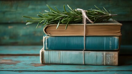 Stack of vintage books in pastel blue and mint tied with twine and rosemary, placed on a weathered turquoise table with a soft garden background.  