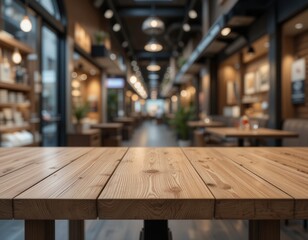 empty wooden table positioned in front of a blurred reastaurant or cafe  aisle, minimalist design with natural textures and serene ambiance, highlighting simplicity and focus in a retail environment

