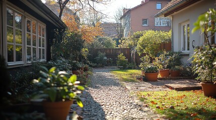 Obraz premium Autumnal Garden Path: Serene Backyard Oasis