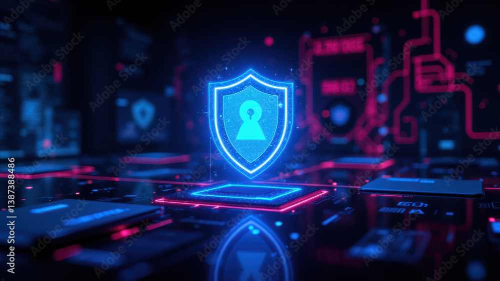 Poster cybersecurity shield glowing with blue light, set against a complex cybernetic background of digital