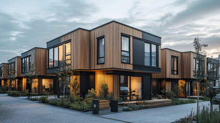 Modern Scandinavian style row houses with warm wooden paneling at dusk