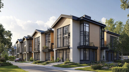 Fototapeta premium Modern Scandinavian style townhouses with light wood panels and large windows